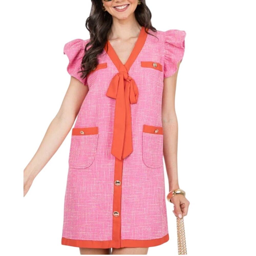 Voy Tweed Bow Button Dress L Hot Pink Sweet Bow Tie Detail Coquette Girlie